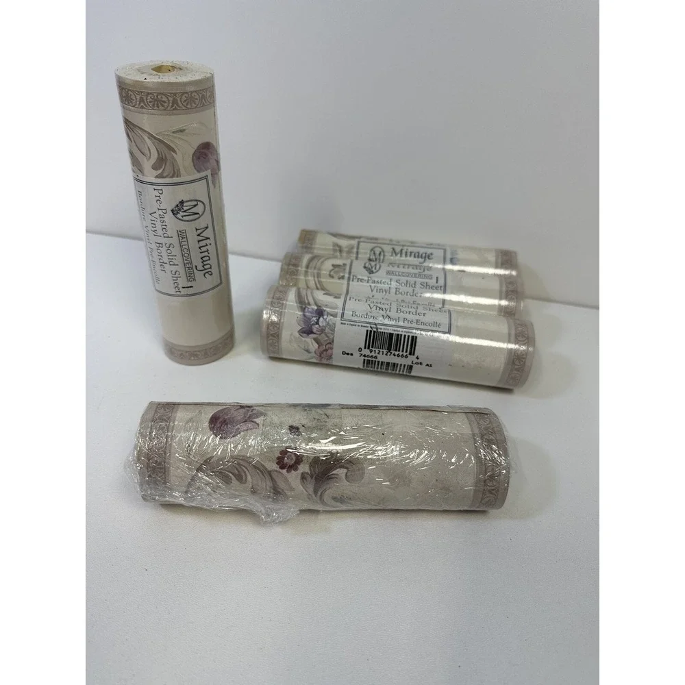 Vintage‎ 90s Mirage Textured Gilded Pastel Floral Vinyl Border 5 Rolls NOS
